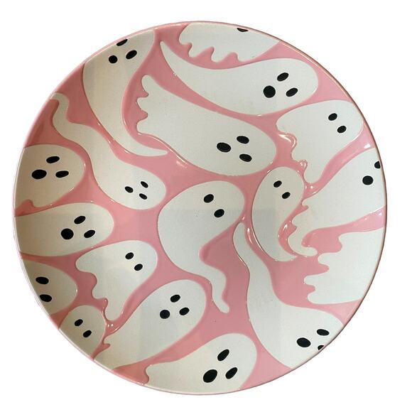 Halloween GHOST Appetizer Plates 7.5in Set of 4 Ceramic Pink & Purple NEW - Picture 3 of 10